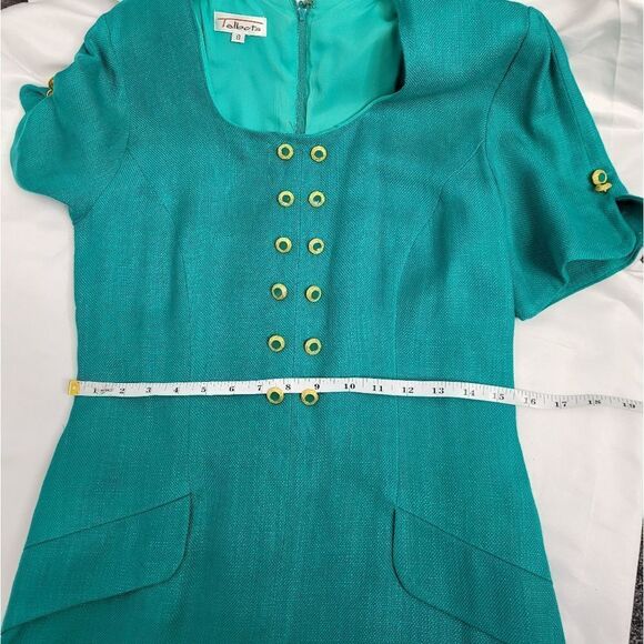 VINTAGE 80s dress teal short sleeve woven  secretary with gold buttons S‎ - Picture 10 of 11
